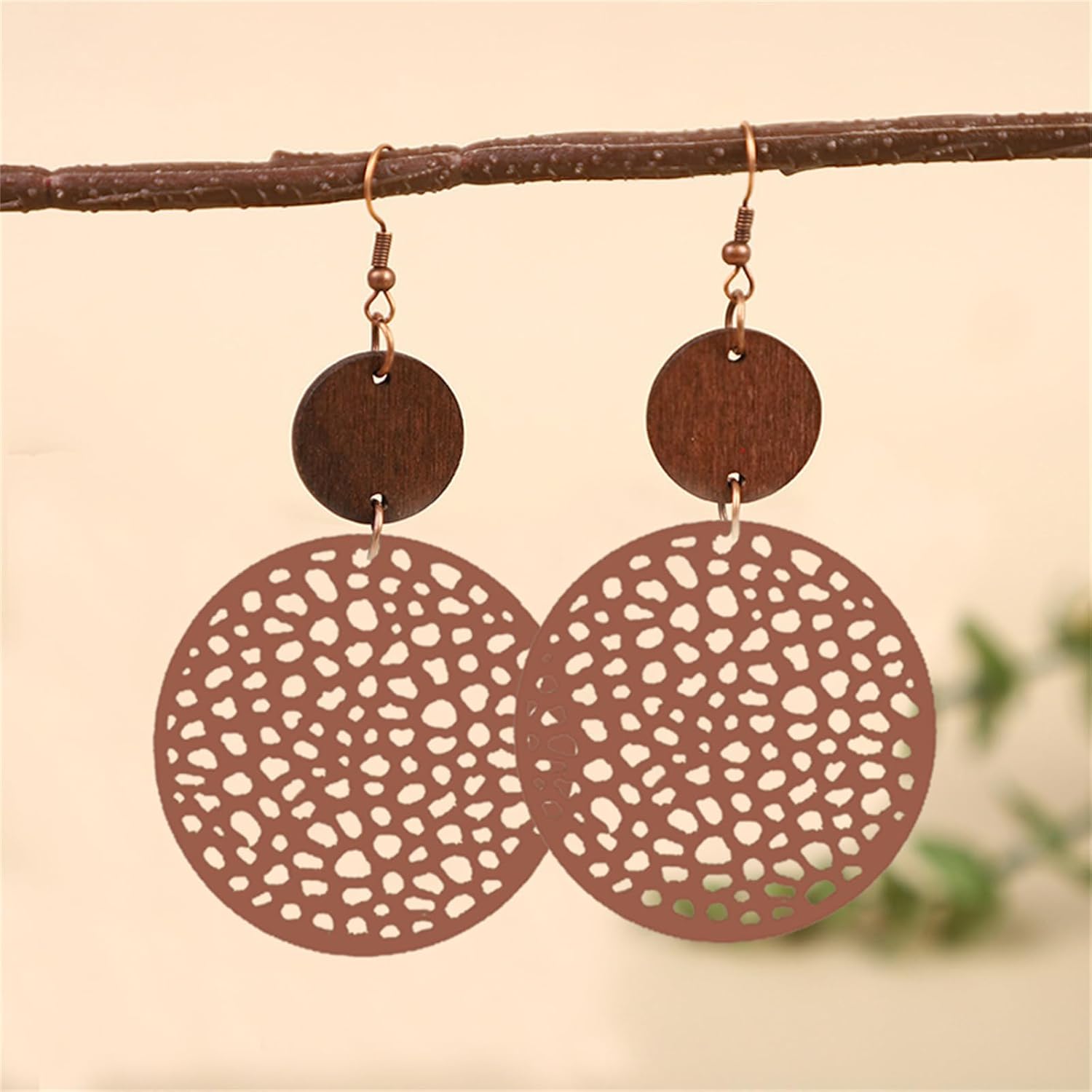 coadipress Vintage Geometric Round Earrings Wooden Earrings Handmade Natural Wooden Hollow Out Circle Earrings Bohemian Lightweight Statement Western Earrings for Women - Image 5