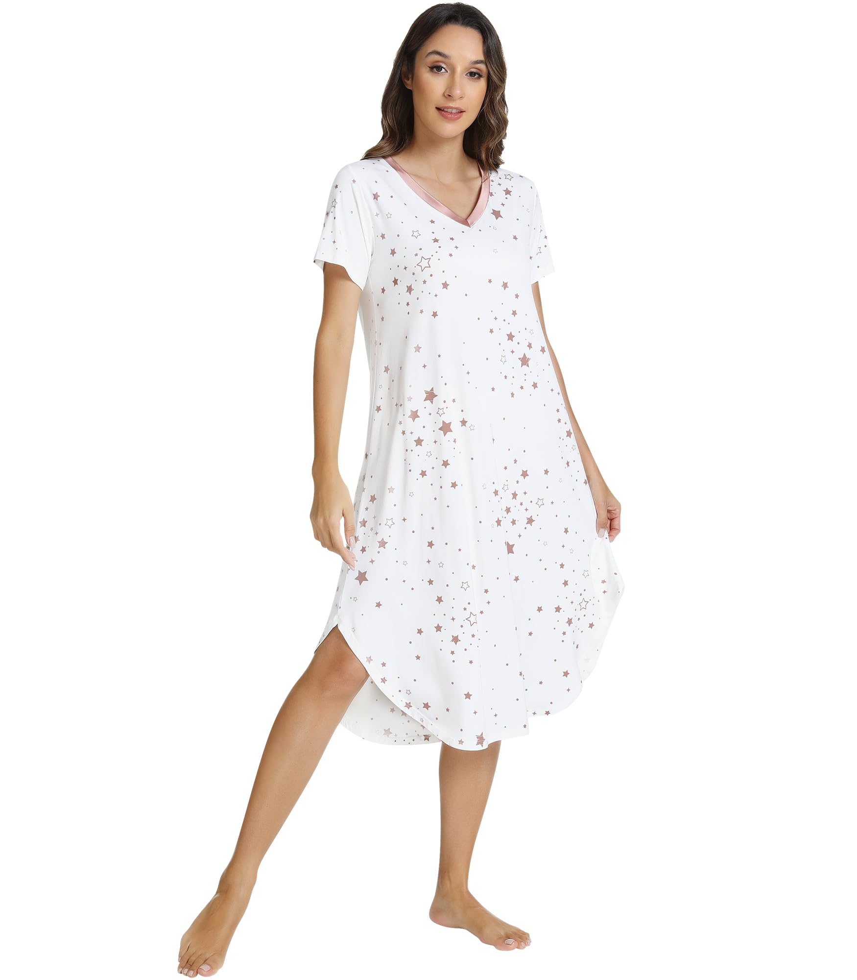 NACHILA Bamboo Viscose Nightgowns for Women Cooling Short Sleeve Sleepshirt | Soft V Neck Night Gowns, Moisture-Wicking Sleepwear for Hot Flashes &amp; Night Sweats, Ladies Nightshirts for Sleep, Home, Gift