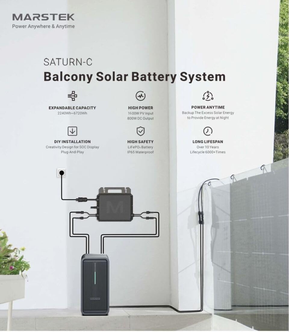 Balkonkraftwerk 920W, Wechselrichter Marstek M2-800W, B2500D Speicher 2,24kWh, Doppelglas-Module