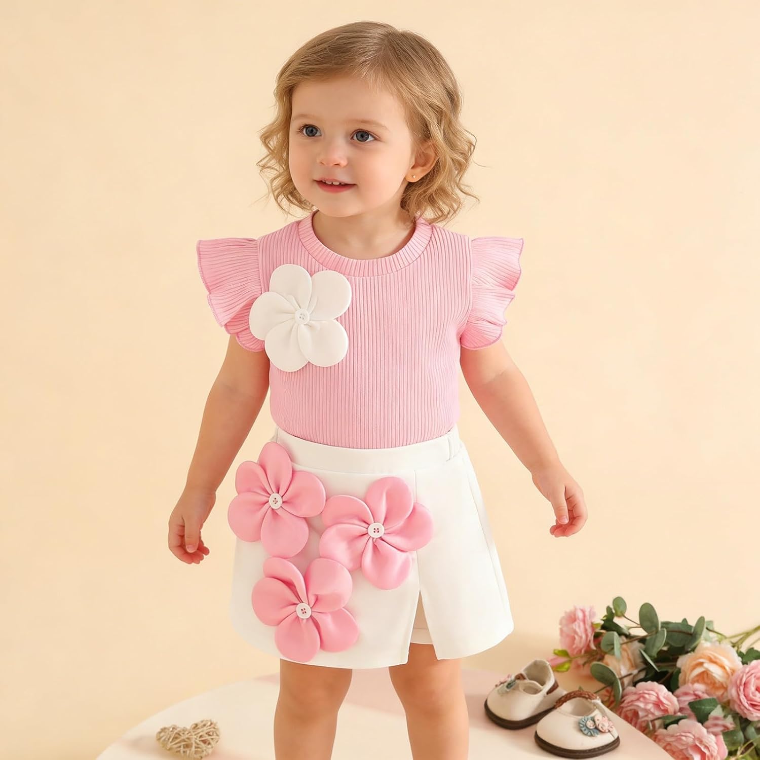 Summer Two Piece for Girls Short Sleeve Ribbed Knitting Top with Ruffle 3D Floral Color Block Matching Sets for Daily