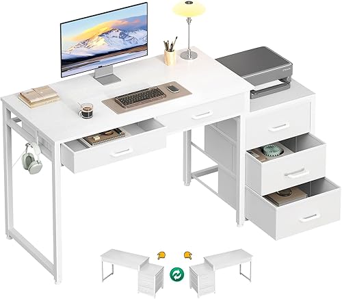 ODK Escritorio para computadora con 5 cajones, escritorio de oficina de 53 pulgadas para estudio de niños, escritorio de tocador blanco para