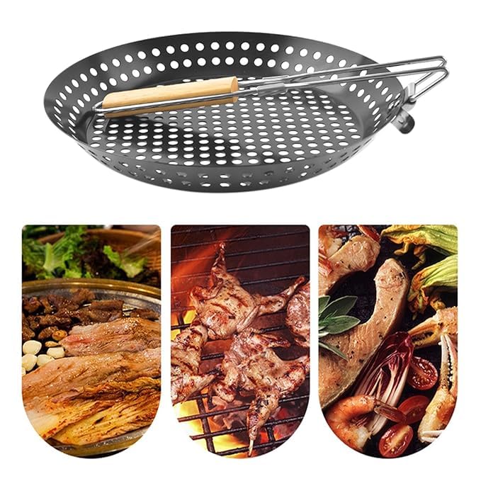 Kruvad Folding Round Frying Pan Grill Basket - Large BBQ Nonstick Grill Wok with Wood Handle, Small, Steel Commercial Outdoor Grilling Stainless Steel Barbeque Woks Accessories [ 53x30x8 CM ] - Image 5 thumbnail