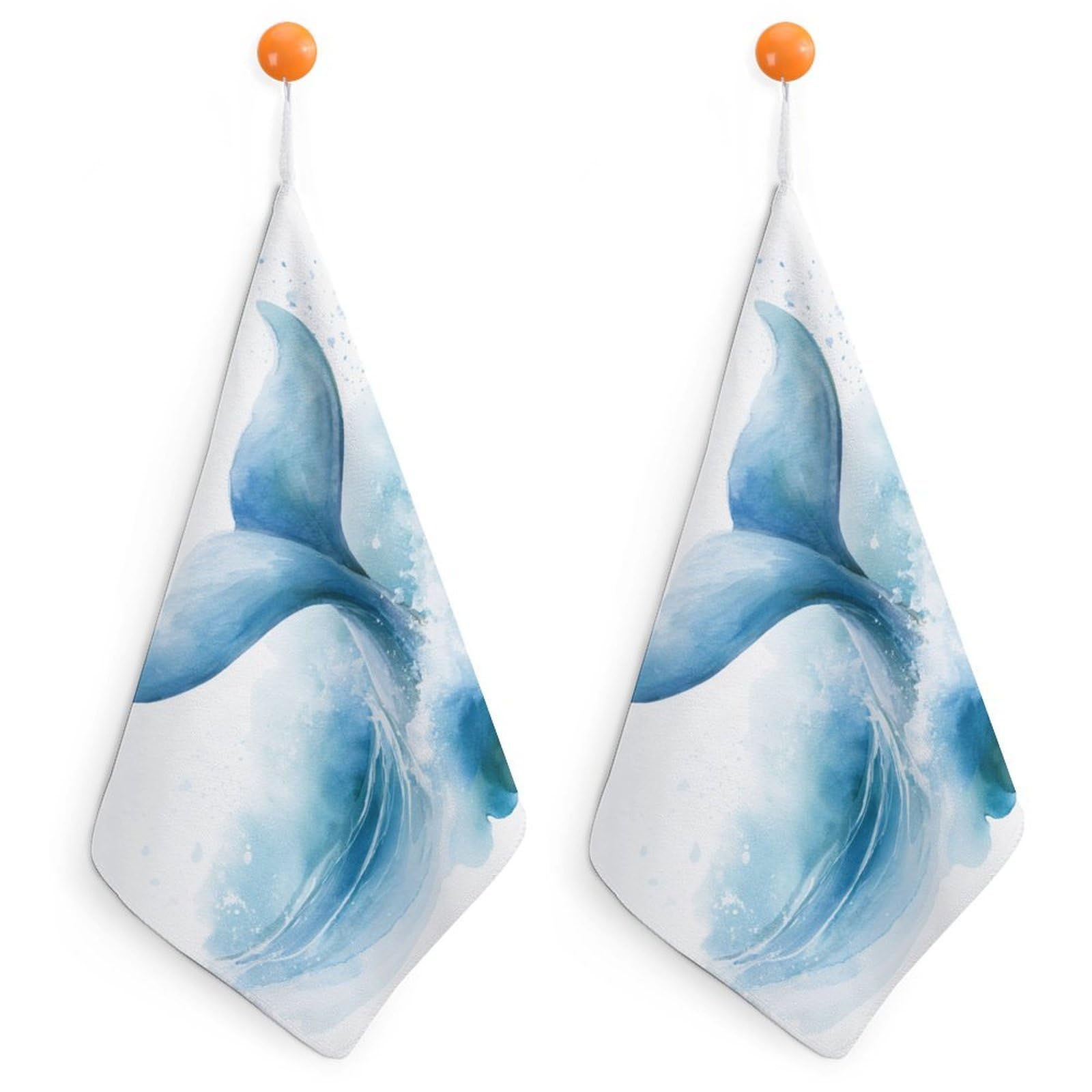 Jubonexis Watercolor A Whale Tail Soft Blue Wave Small Hand Towel with Hanging Loop 2 PCS Absorbent Soft Wash Cloth for Kitchen Bathroom