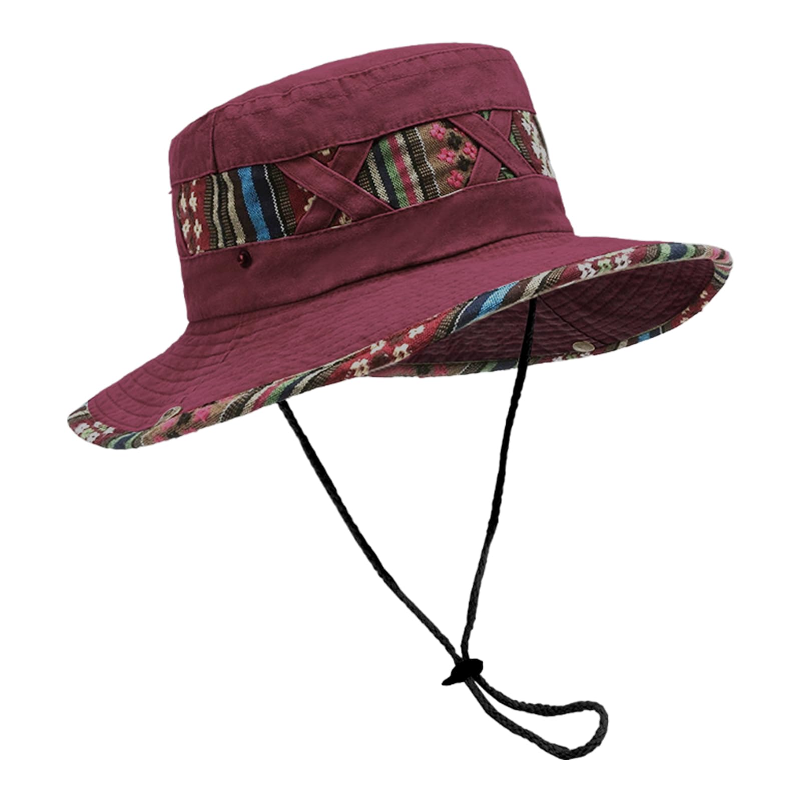 Buxuaaaa Wine Red Stylish Ethnic Print Fisherman Hat Comfortable Cotton Blend Ventilated Design For Outdoor Festivals Travel Tribal Pattern Ventilated Parties Hat