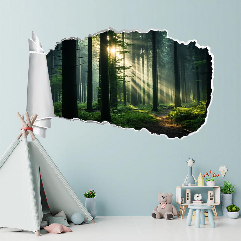 3D Durchbruch Wandtattoo Mädchen Kinderzimmer Waldbaum Sonnenschein Wandaufkleber Dekorative Naturlandschaft Wandsticker für Junge Teenager Zimmer Wohnzimmer Schlafzimmer Wandbilder Deko