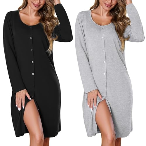 Marvmys Women's Nightgown 2 Pack Long Sleeve Button Down Sleep Shirt Nightshirt V-Neck Sleepwear Pajama Dress S-3XL Large Black & Light Grey