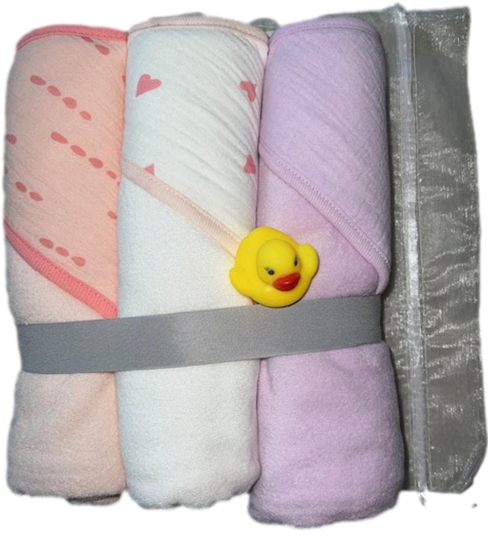 Humble ThingsHooded Infant Baby Bath Towel Set with Tiny Duck & Gift Bag 3 Lightweight Spring Summer Weight 30" x 30" Each