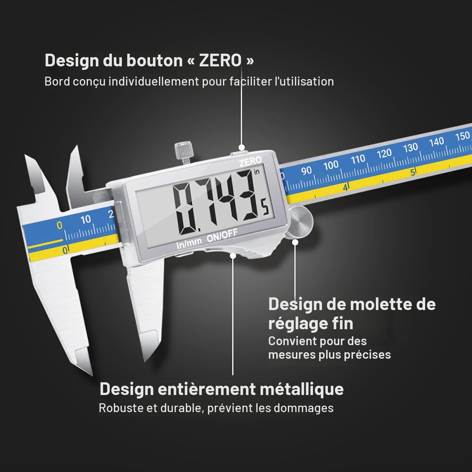 Pied a Coulisse, Preciva Professionnel Pieds à Coulisse Numérique 150mm avec Grand Écran LCD, Précision Digital Outil Vernier Micromètre, Acier Inoxydable avec MM/Inch Conversion, Bleu et Jaune