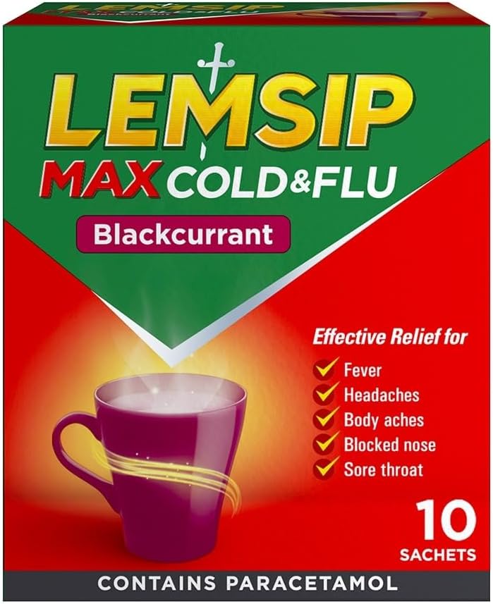 Lemsip Max Cold And Flu Sachets, Blackcurrant, 10 Total, Paracetamol, Cold And Flu, Headache, Blocked Nose Relief, Sore Throat, Reduces Fever, Pain Relief, Full Relief, Cold And Flu, Medication