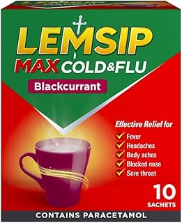 Lemsip Max Cold And Flu Sachets, Blackcurrant, 10 Total, Paracetamol, Cold And Flu, Headache, Blocked Nose Relief, Sore Throat, Reduces Fever, Pain Relief, Full Relief, Cold And Flu, Medication