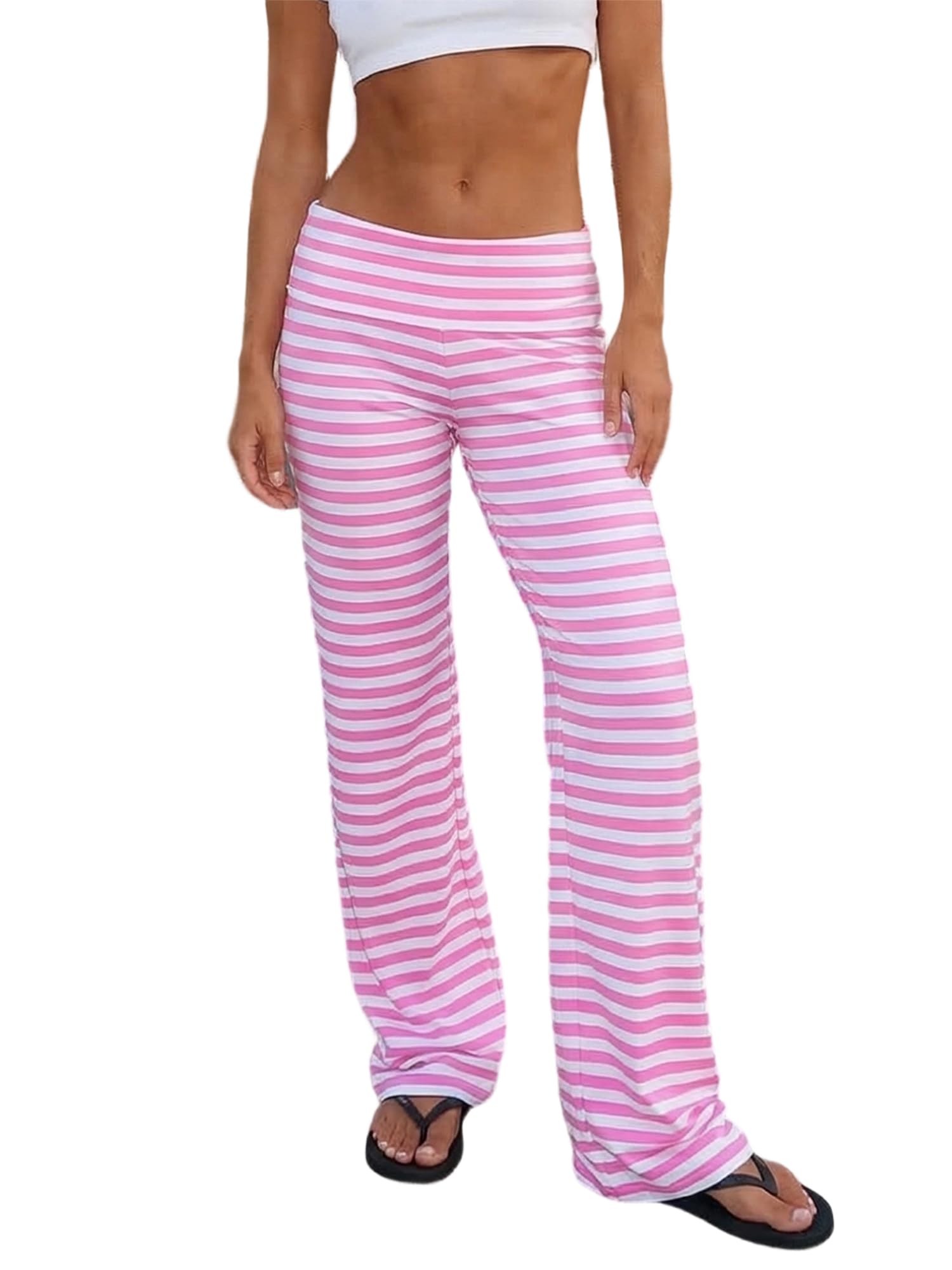 Anuedgis Y2K Striped Wide Leg Pants for Women Trendy Fold Over Low Rise Yoga Pant Casual Loose Going Out Sweatpants (A-Pink, M)