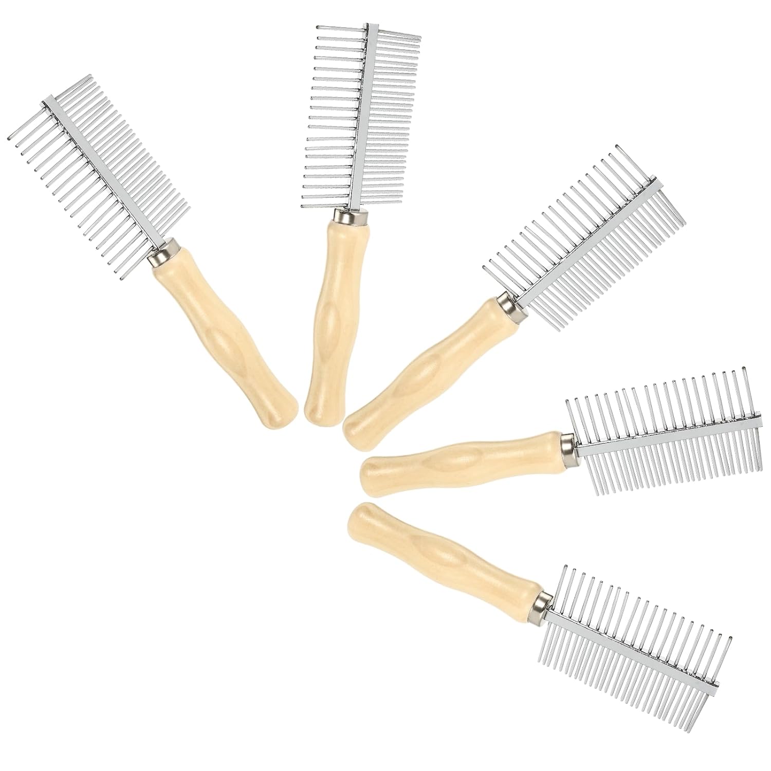 CHILDWEET 5pcs Double-sided Pet Detangling Comb and Shedding Brush for Dogs and Pets with Stainless Steel Dual Rows and Wood Handle Lightweight Ergonomic Grip for Travel and Care