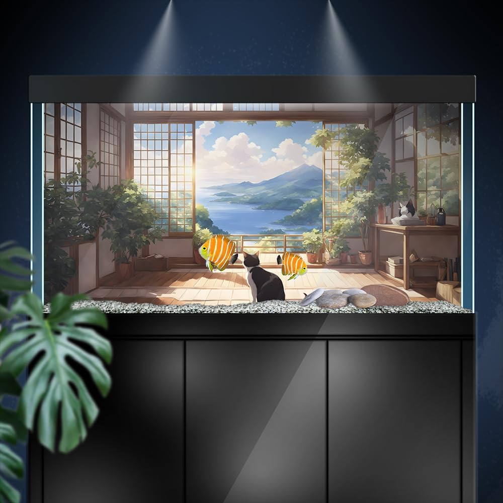 Aquarium Background Stickers - Anime, Room, Cat, Window, Self-Adhesive Fish Tank Reptile Terrarium Decor Poster (80 x 40 cm / (31.4 x 15.7 inches))
