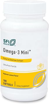 Klaire Labs SFI Health Omega-3 Mini - Ultra Pure, Easy to Swallow Fish Oil Gels for Kids & Adults 150 Milligrams EPA / 100 Milligrams DHA Omega 3 Fatty Acids, Lemon Flavor 100 Softgels
