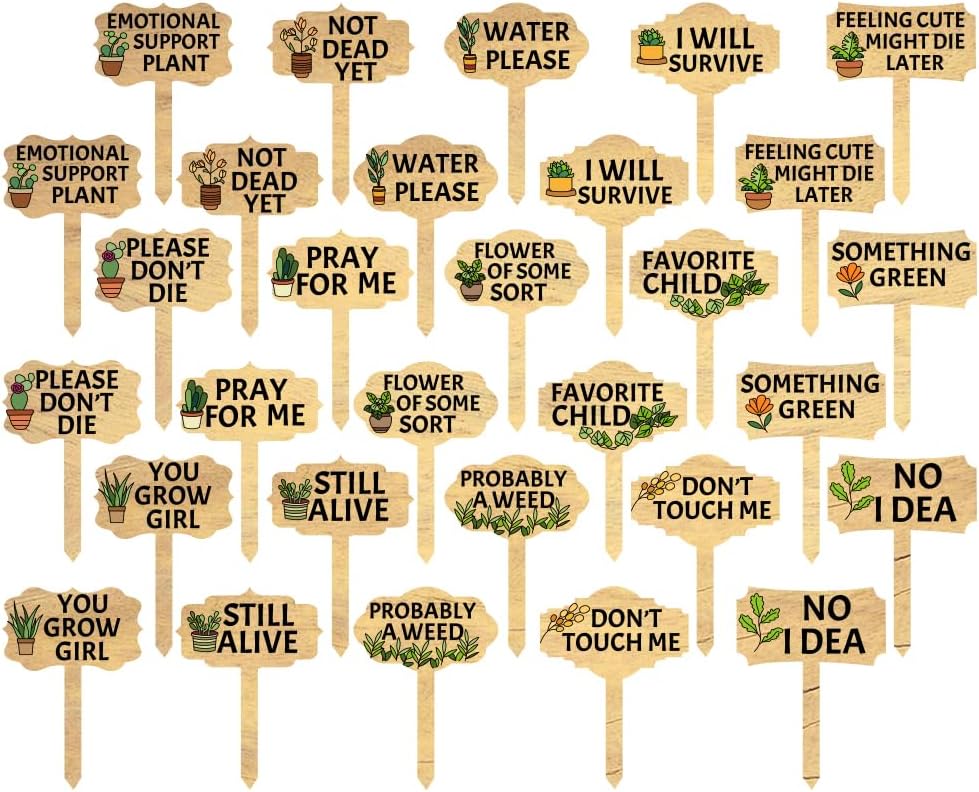 30Pcs T-Type Garden Labels Signs Funny Wooden Plant Markers with Pattern for Seedling Vegetable Flower, Durable Plant Stakes for Indoor Plants Tags, Outdoor Potted Plants Graphic Plant Label