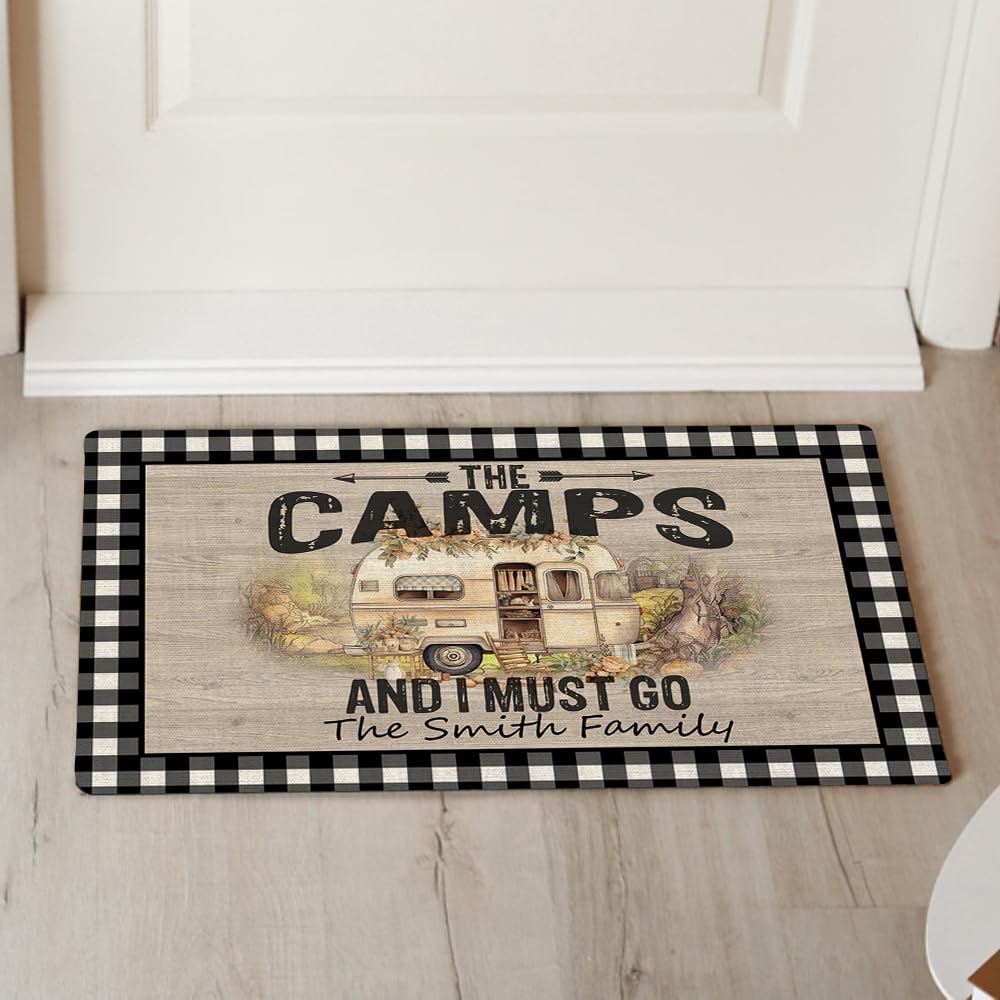Summer Camping RV Doormat 35" x25'' Happy Camper Floor Mats, Personalized Family Name Door Mat for Shoe Scraper, Non Slip Floor Mat Rug for Outside Camper Decor(mat-c10)