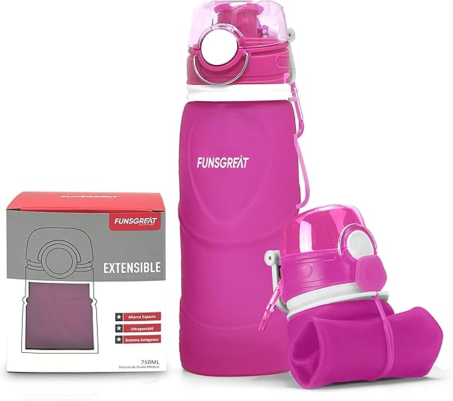 FUNSGREAT Collapsible Silicone Water Bottle 750 ML - Reusable BPA Free Foldable Sports Bottle with Hook - Lightweight Folding Water Bottle - Leak Proof Valve - Outdoor Travel Sport Camping (Pink)
