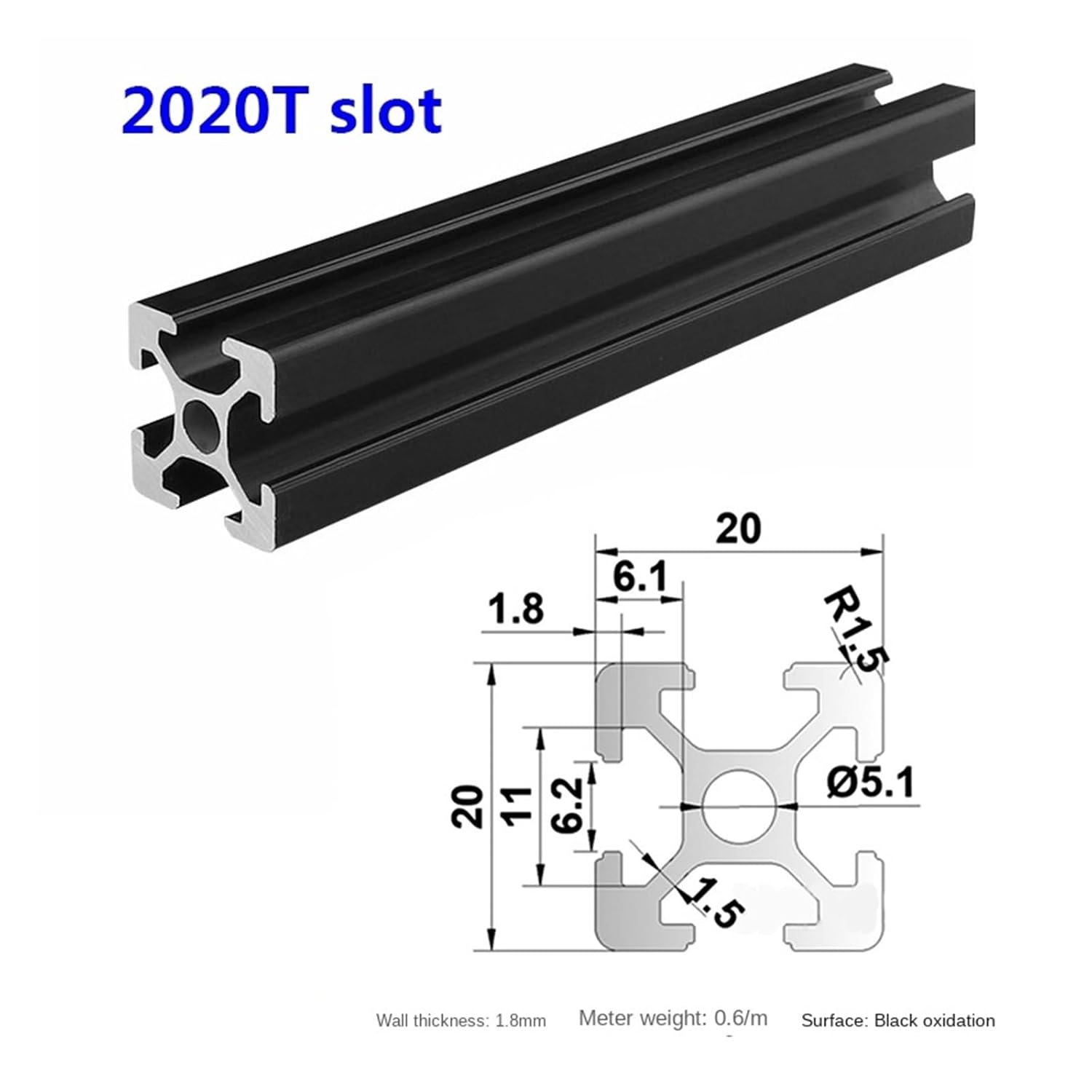 1 Piece Black Anodized 2020 T Slot Aluminum Profile EU Standard(250mm)