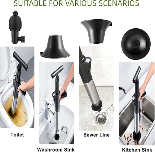 Miniatura 3 de FTKINGDER Kits de émbolo de inodoro de acero inoxidable, pistola de drenaje de aire, émbolo de alta presión con 5 cabezales, barómetro de tablero,