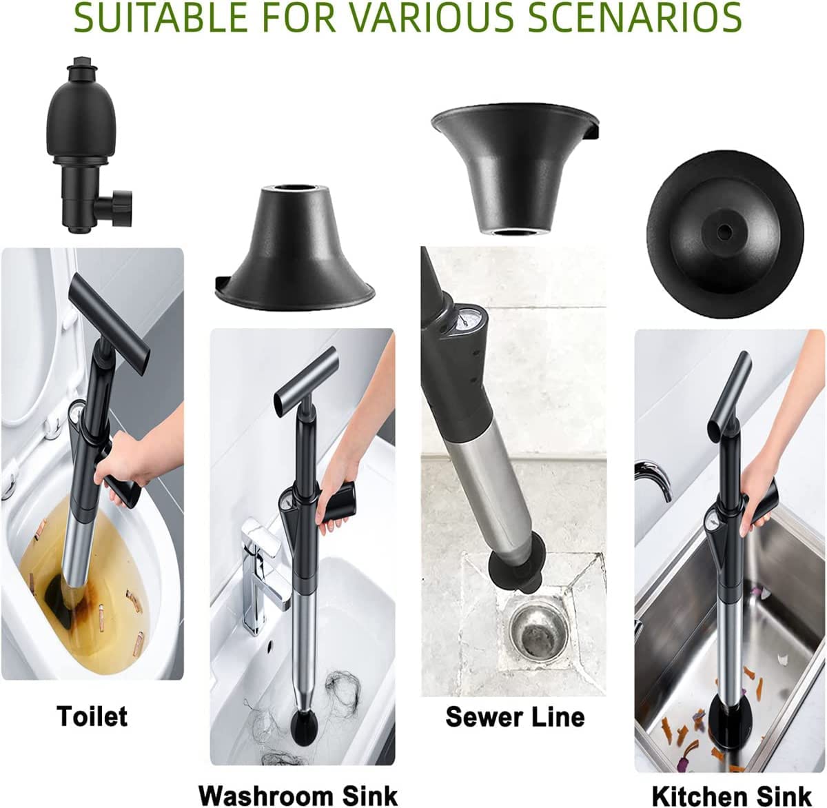 FTKINGDER Stainless Steel Toilet Plunger Kits,Air Drain Blaster Gun Plunger High Pressure with 5 Heads,Dashboard Barometer,Sewer Toilet Kitchen Sink For Clogged Toilet Kitchen Bathroom Tubs