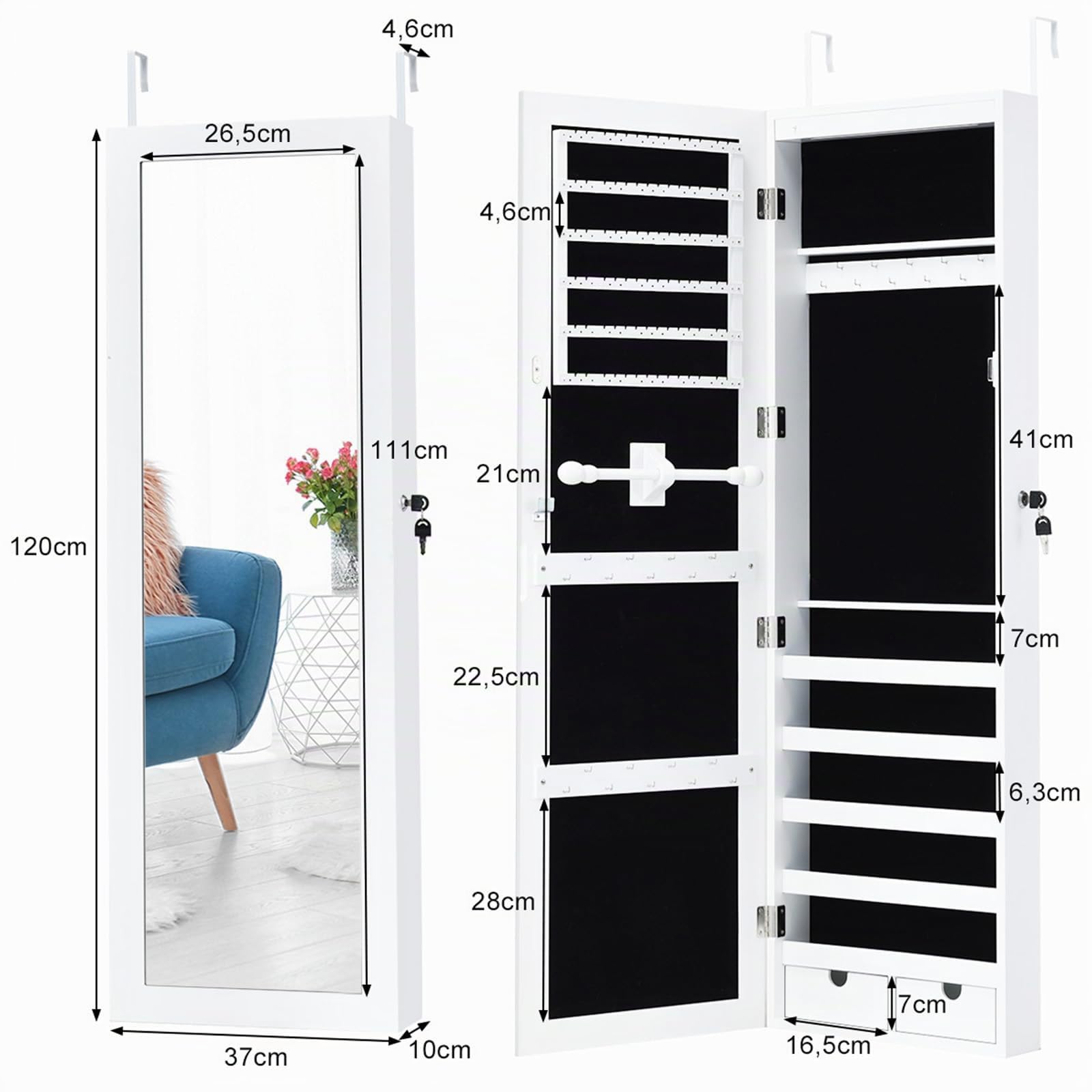 HOMASIS Espejo Joyero de Pared con LED y Cerradura, Armario Espejo Entero, Organizador Joyas, 4,6 cm, Blanco