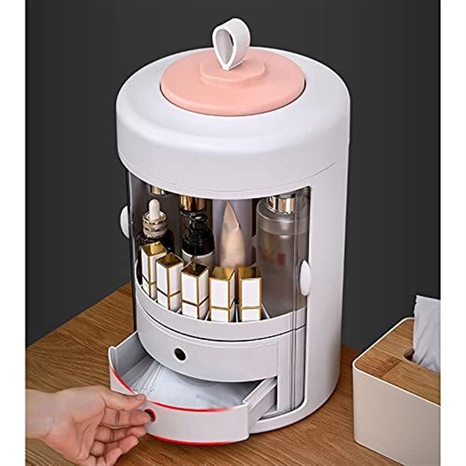 Porta Trucchi,Toeletta Scatola Portaoggetti Rotante Multifunzionale per Cosmetici, Maschere, Rossetti, Cura della Pelle Multifunzione(Pink)