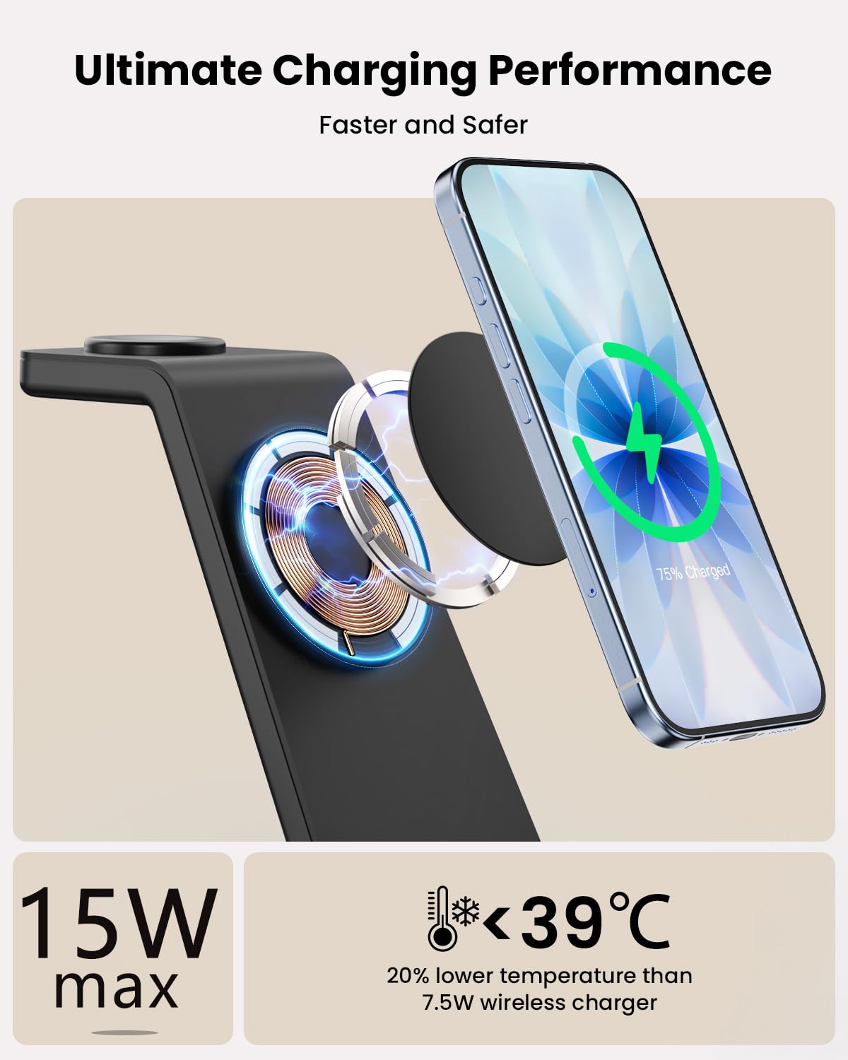 GEEKERA Station de charge sans fil 3 en 1 compatible avec MagSafe, certifié Qi2 15 W, chargeur magnétique sans fil rapide, pour iPhone 16/15/14/13/12, Apple Watch, AirPods 4/3/Pro