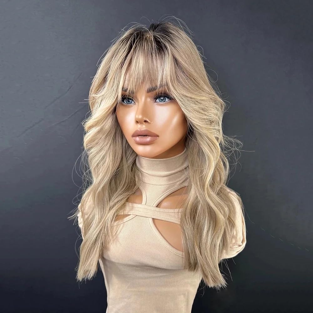 Peruki 100% Natural Looking Fringe Wig Dark Roots Synthetic Lace Wigs for Women Ash Honey Blonde Glueless with Bangs Wear Realistyczna fryzura(22INCHES)
