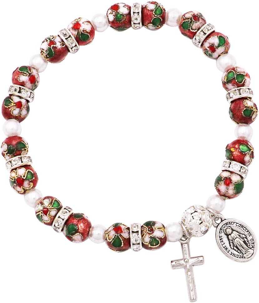 Rosemarie Collections Women's Cloisonne Beaded Stretch Rosary Bracelet with Crucifix and Miraculous Medal