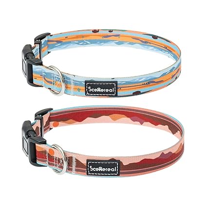 SCENEREAL Adjustable Soft Dog Collar 2 Pack, Comfortable Polyester Pet Doggy Collar with Artistic Landscape Pattern, Quick Release Safety Buckle, Fit for Small Medium Large Dogs