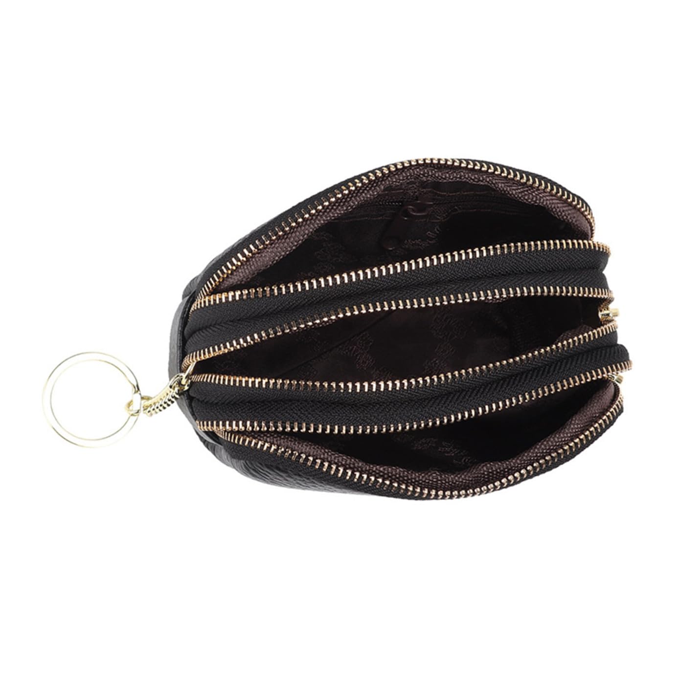 Coin Purse in Vera Pelle Bovina Nero, Mini Portamonete Cerniera, Grande Capacità, Portachiavi, Design a Strati per Donna