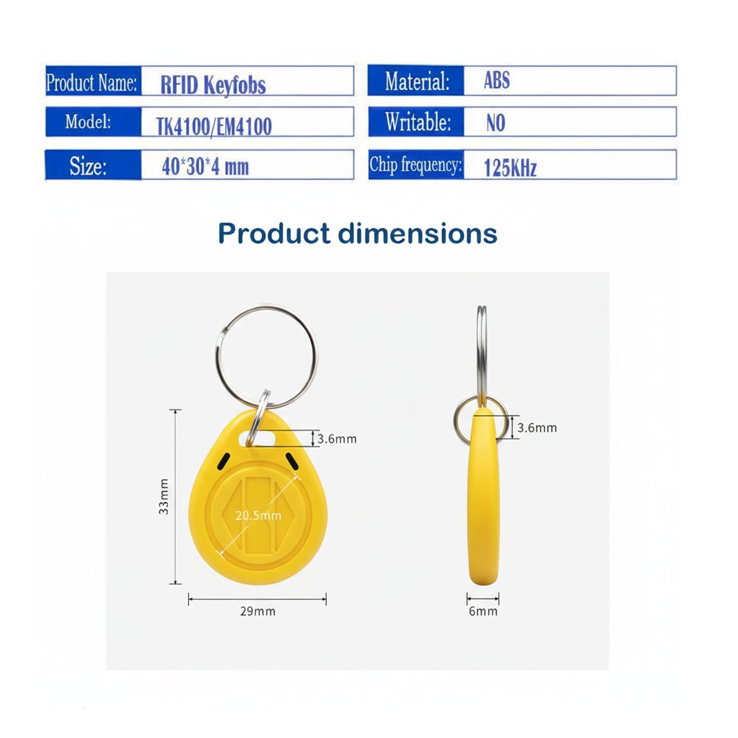 Portachiavi RFID 125kHz (ID) con Bobina Ottimizzata, Chip TK4100 / EM4100, Scocca ABS Resistente all’Acqua, UID di Sola Lettura, per Sistemi di Controllo Accessi (100 Pcs, Giallo)