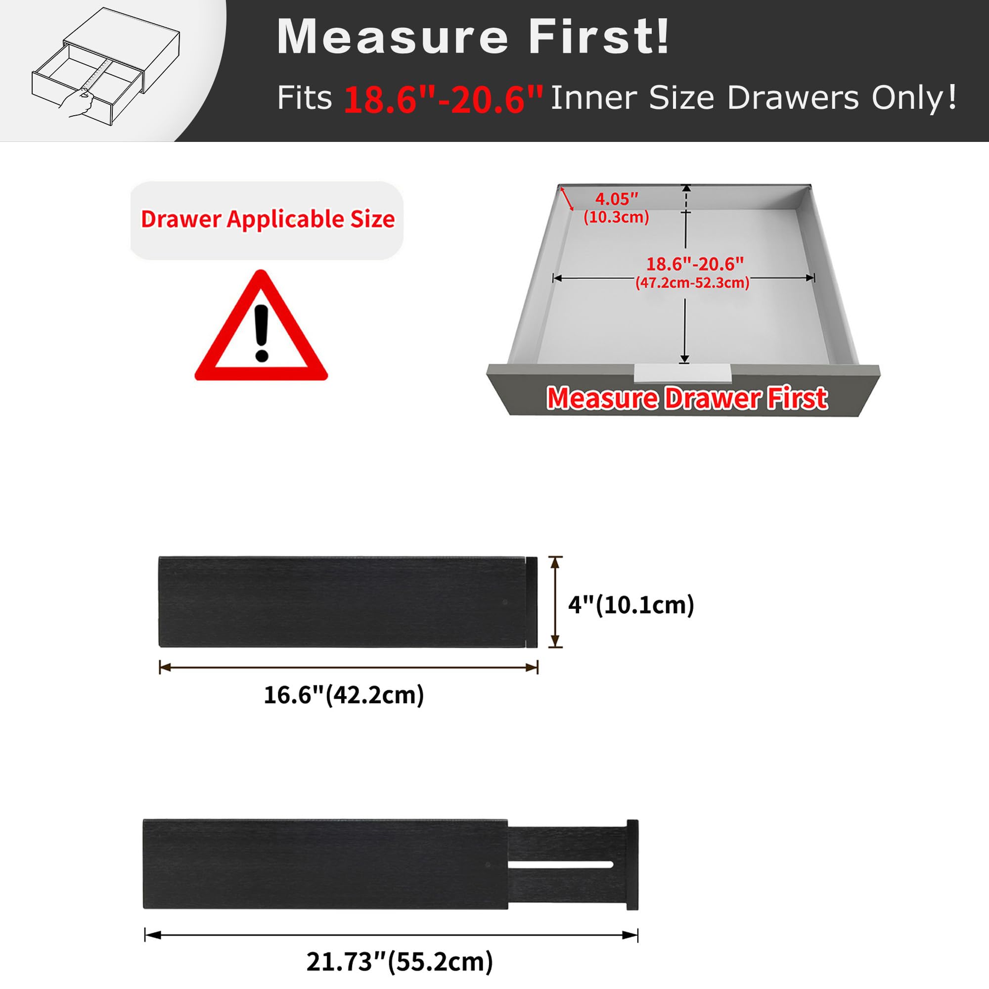 Utoplike große Bambus-Schublade Teiler, 10,1 CM hoch einstellbare Küche Schublade Kleidung Veranstalter, Feder belastet für Bad, Kommode, Schreibtisch, 4 PCS, schwarz