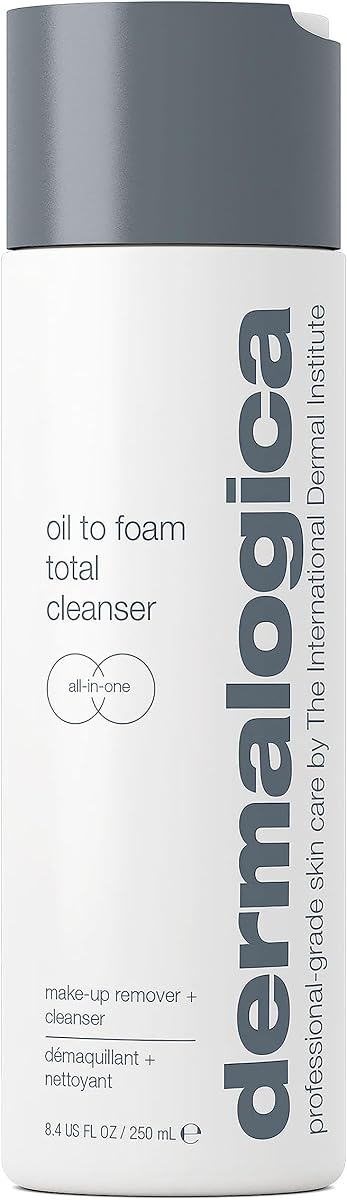 Dermalogica Oil To Foam Total Cleanser, limpiador facial desmaquillante, 8.4 fl oz | Limpiador de aceite a espuma que elimina maquillaje y protector solar en un solo paso, con aceite de espino amarillo y prebiótico