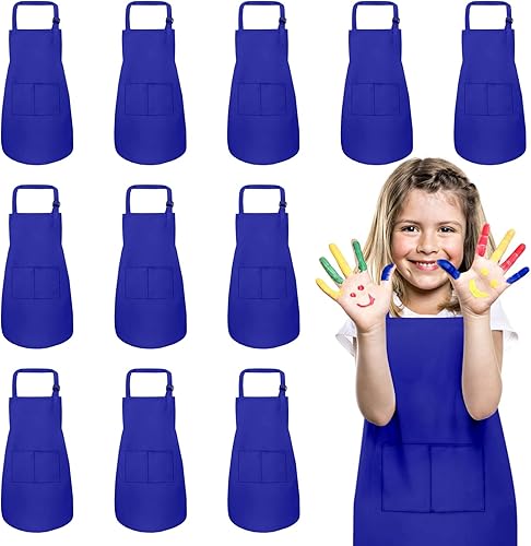 Miniatura 9 de Paquete de 12 delantales para niños a granel con 2 bolsillos delantal de chef de arte ajustable delantales de pintura para niños para cocinar