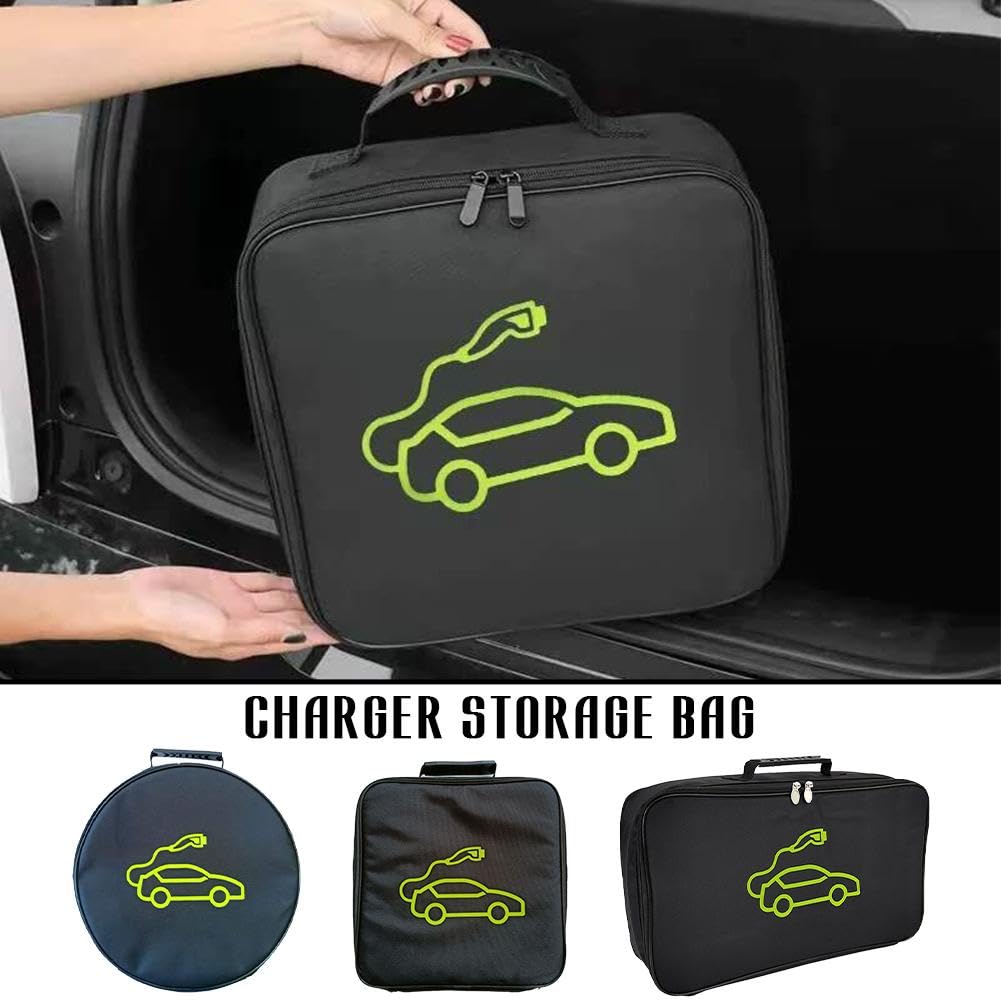 Organisateur Coffre De Voiture Étanche - Boîte De Rangement Pour Câble Recharge Voiture Électrique - Noir Avec Symbole Vert