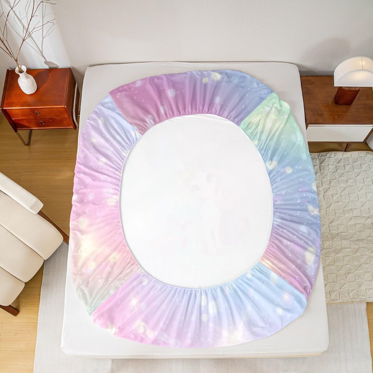 Unicorn Girls Bedding Set Queen for Kids Rainbow Pink Unicorn Fitted Sheet, Galaxy Stars Gradient Glitter Bed Sheets for Princess Style Room Decor Kawaii Cute Initial Letter U Sheets
