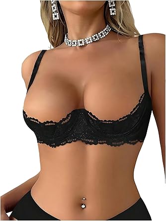 OYOANGLE Womens 1/4 Cup Lace Bra Balconette See Through Mesh Underwired Demi Spaghetti Strap Supportive Lingerie Bra