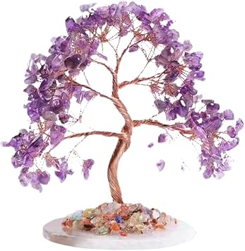 Crystal Tree of Life 7 Chakra Healing Stones for Home, Office Desk Decor, Feng Shui Living Room Plant, Handmade Bonsai Trees for Positive Energy, Money, Good Luck Gifts for Meditation Lovers Purple