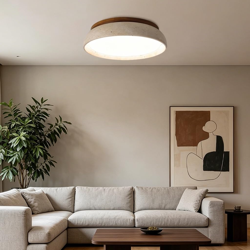 Plafoniera LED Moderna Dimmerabile Travertino Giallo Pietra Naturale Legno Massiccio Illuminazione Interna Stile Vintage Wabi-Sabi Per Camera Da Letto Salotto Sala Da Pranzo(30cm)