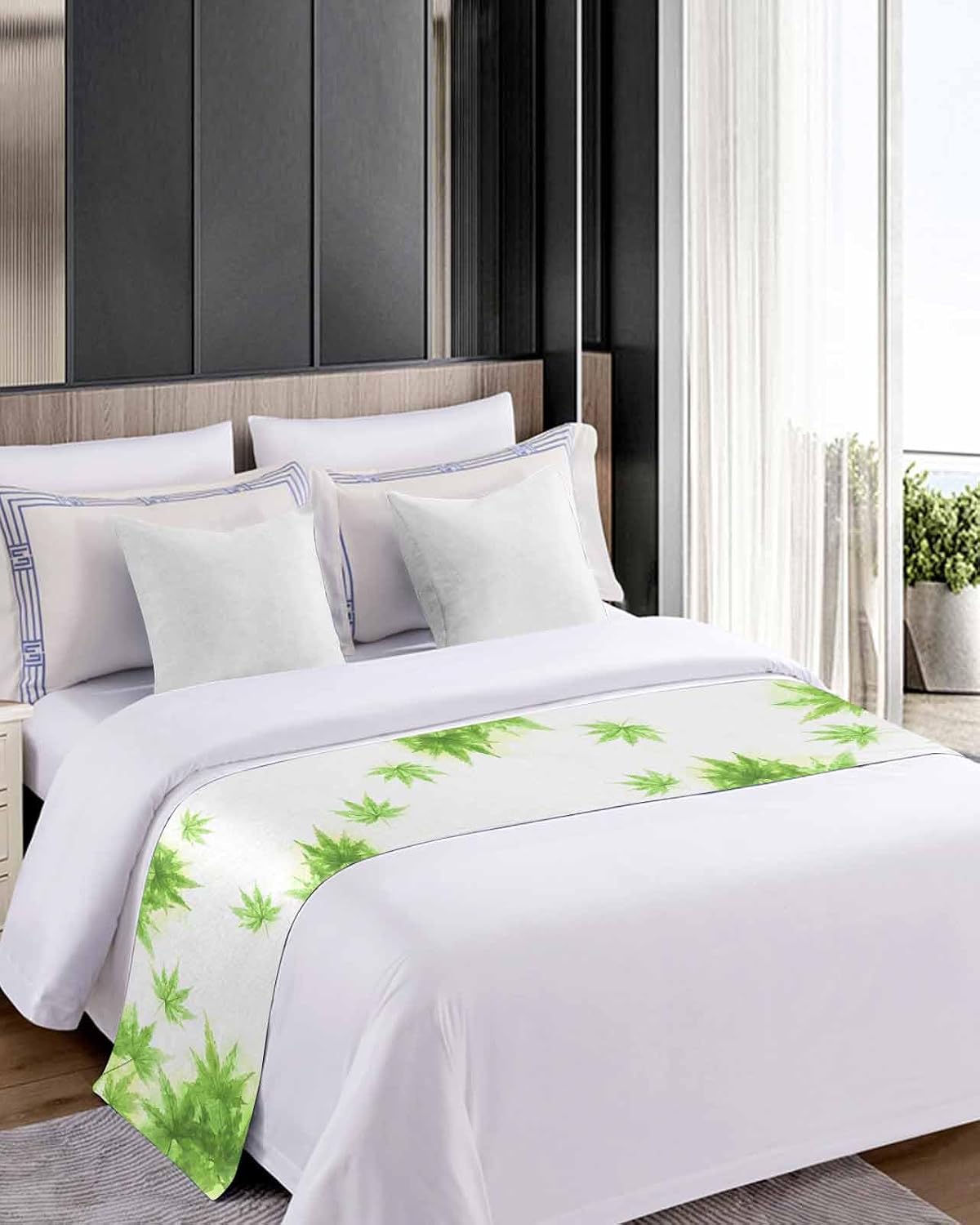 Summer Watercolor Green Leaf Plant Bed Runners for Bedroom Hotel,Decorative Bedding Scarf Rustic Pastoral Botanical Bed End Blanket Bedding Runner Scarves for Queen Size Bed,94x20in