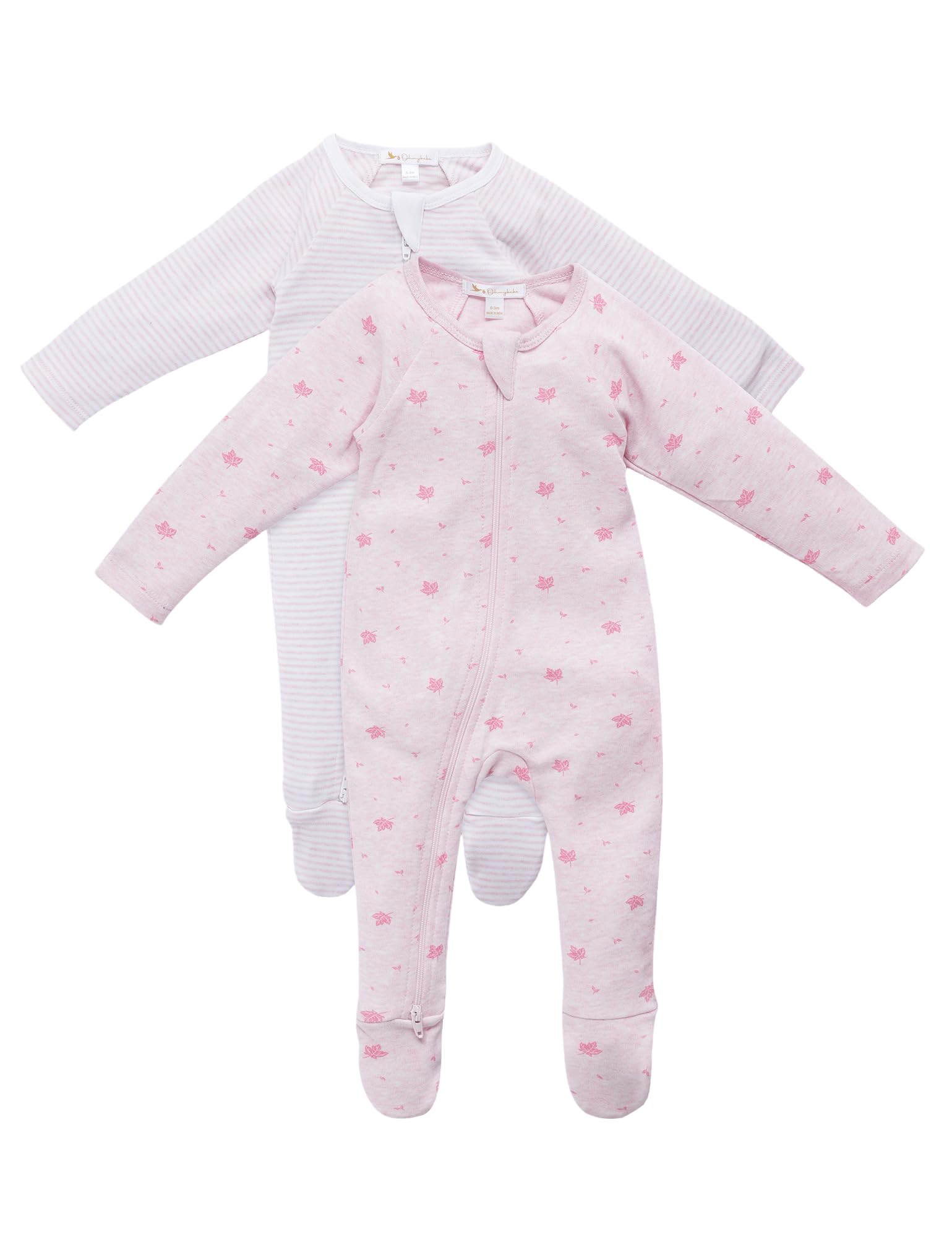 2-Pack Zip Front Sleep N Play Baby Romper – Pale Pink Leaf & Pink Stripes, Full-Length Zipper, Organic Cotton, Optional Turn-Over Mittens-picture-16