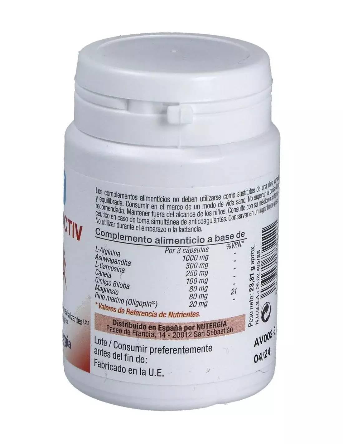 Pack 3 ErgyActiv Nutergia 30 cápsulas, 90 cápsulas vegetales en total, con ashwagandha, L-arginina, L-carnosina, ginkgo biloba, canela, magnesio y Oligopin®, formato ahorro diario