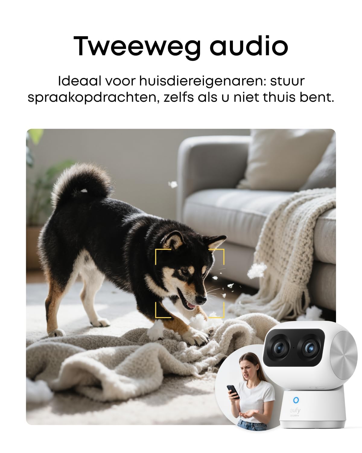eufy Security Indoor Cam S350, dubbele camera, beveiligingscamera met 4K-UHD -resolutie en 8 × zoom en 360° PTZ, mens/huisdier AI, ideaal voor babyfoon/ huisdiercamera/huisbeveiliging, dualband wifi