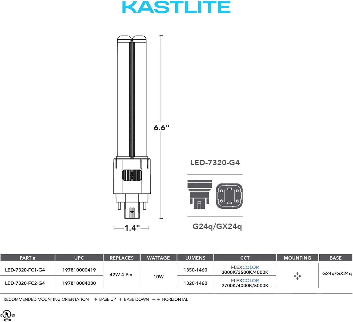 KASTLITE 4-Pin PL LED Lamp, 10W, 1400 Lumens, 2700K/4000K/5000K CCT Switchable, G24q/GX24q Base, CFL 42W Replacement, Hybrid Type A/B, Damp Location Rated, Multi-Directional Mounting, 1-Pack