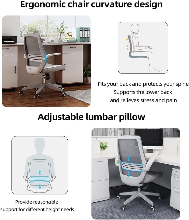 SIHOO Ergonomic Office Chair, Swivel Desk Chair Height Adjustable Mesh Back Computer Chair with Lumbar Support, 90° Flip-up Armrest (Grey) : Home & Kitchen