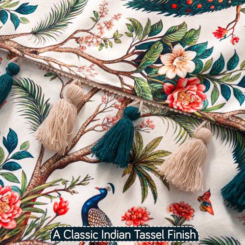 Image of HOKIPO Premium Sofa Backrest Cover Mat | Printed Holland Velvet with Tassels | 'Whispers of Nature' Multicolor Tropical Peacock (IN-1116-D1)
