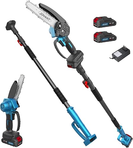 JOVANT Mini motosierra eléctrica 2 en 1 de 6 pulgadas para podar árboles, motosierra inalámbrica con batería con poste de extensión, cortador de