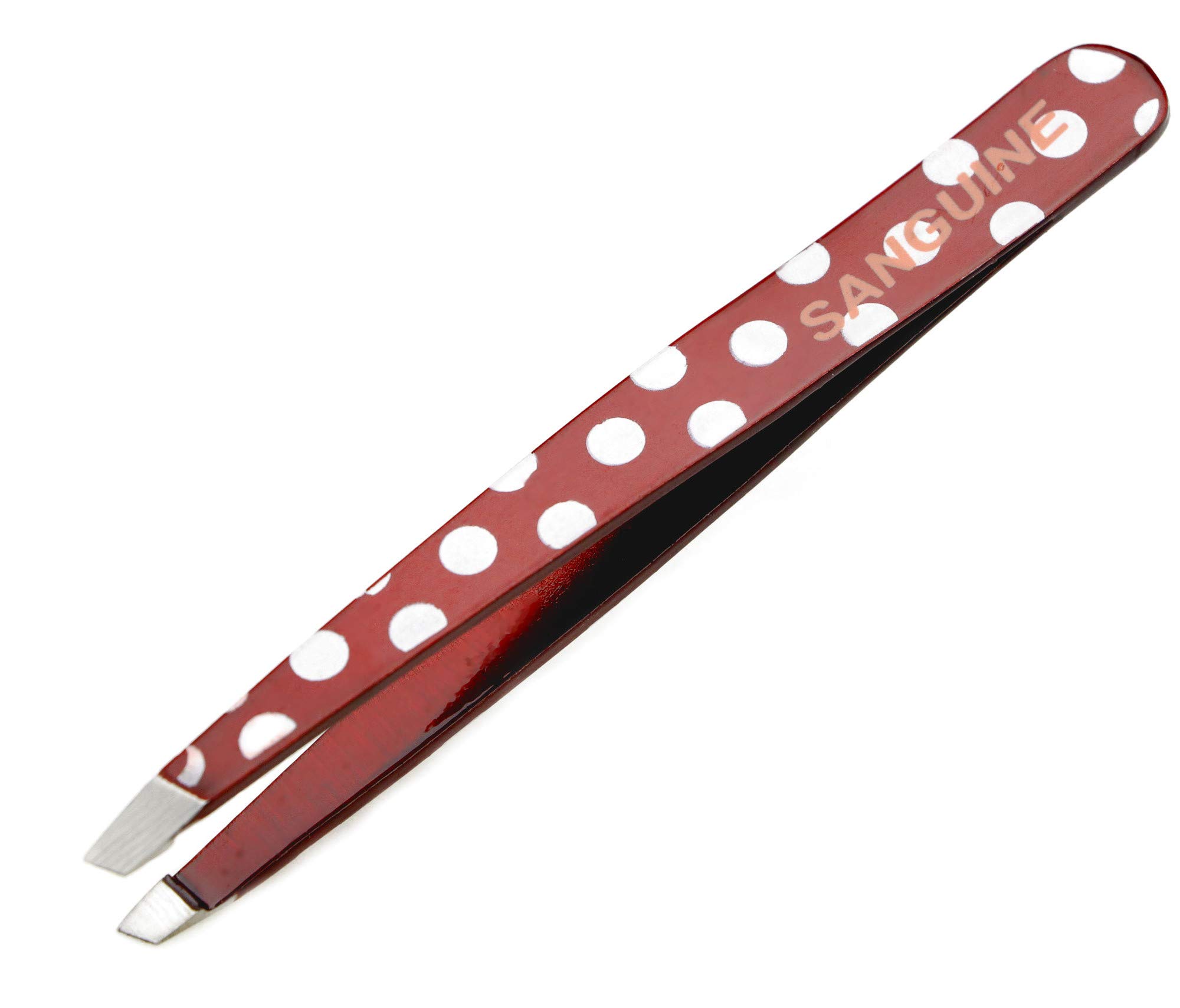 New Eyebrow Hair Removing Tweezers Slanted Tip Red Polka with Safety Tip Cover