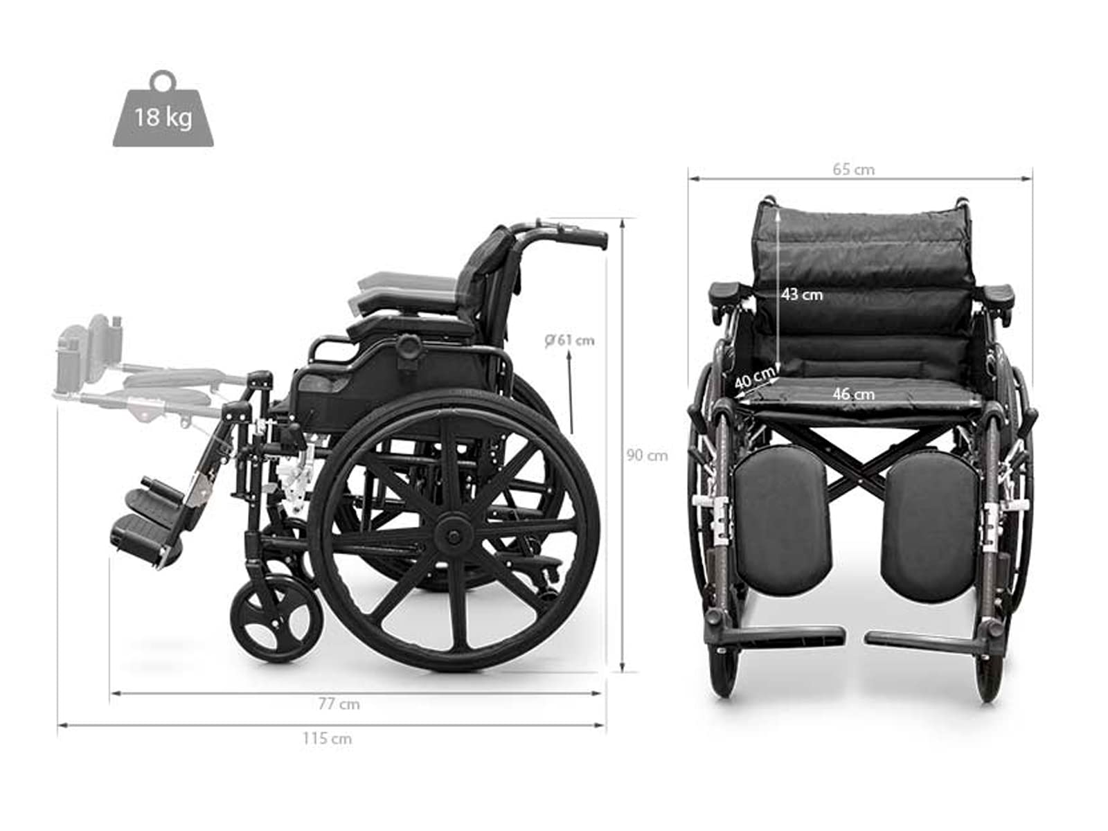 QUIRUMED Silla de ruedas aluminio plegable. Apoyabrazos abatible, ruedas extraíbles, Reposapiés elevables 90º, Asiento y respaldo con cojín acolchado, Frenos manuales, Antivuelco